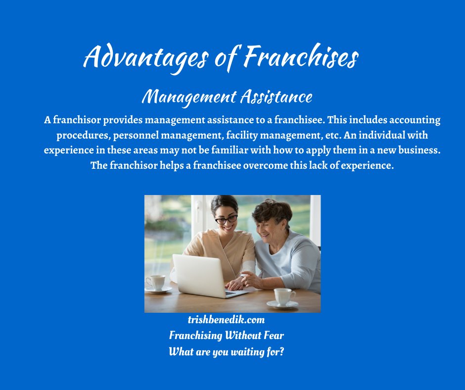 A franchisor provides management assistance to a franchisee to help them overcome their lack of experience in accounting, personnel, and facility management.

#franchise #trishbenedik #franchisingwithoutfear