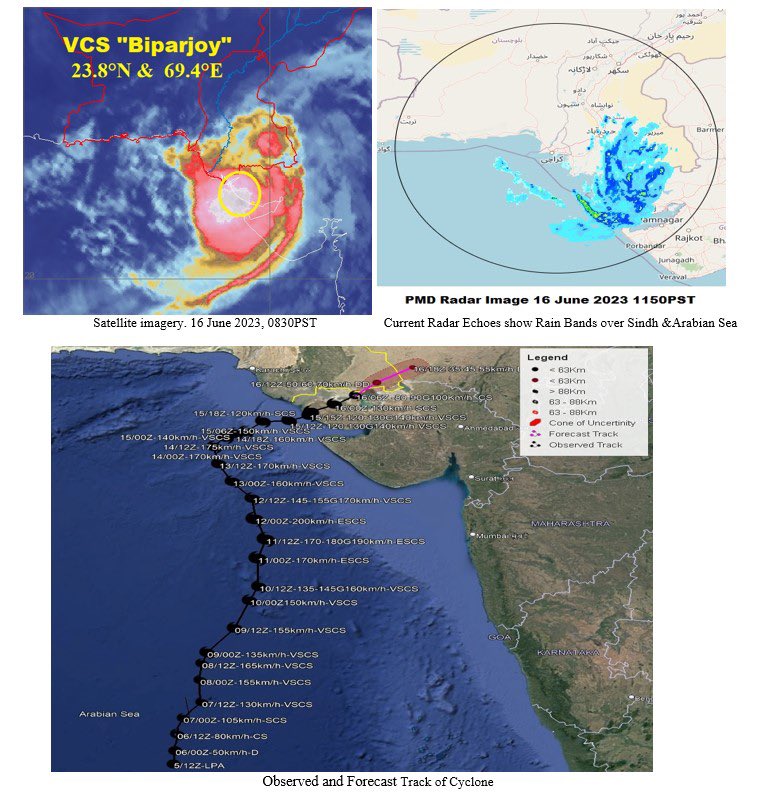 The VSCS #BiparjoyCyclone is now a #CyclonicStormBiparjoy 
Post landfall/depression, heavy rains and thunderstorms expected in coastal #Sindh . Authorities directed to be on continued ‘alert’ 
#StayHome_StaySafe 
#biporjoycycloneeffect #biporjoyupdate 
Image: @pmdgov