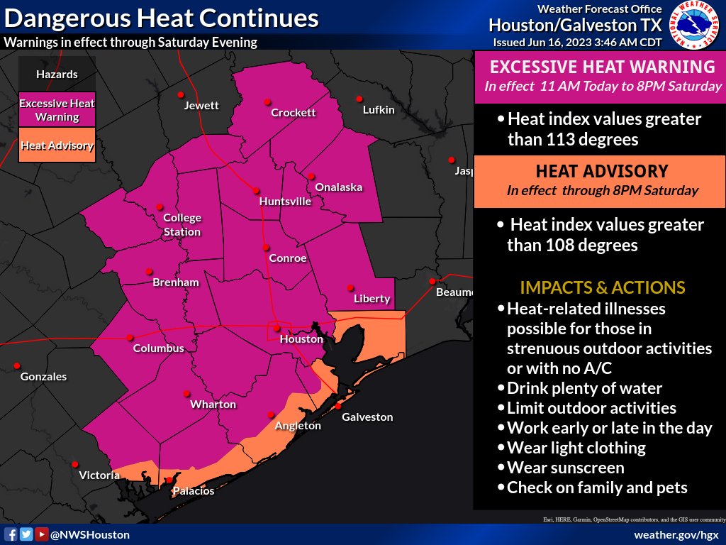 Eric Berger (@spacecitywx) on Twitter photo An excessive heat warning has been posted for the entire Houston area away from the coast today and tomorrow, the first since 2016 in Houston. Maximum heat precautions should be taken all weekend. <a href="/mattlanza/">Matt Lanza 🤌🏼</a> tells us more about the heat today.
spacecityweather.com/city-of-housto… An excessive heat warning has been posted for the entire Houston area away from the coast today and tomorrow, the first since 2016 in Houston. Maximum heat precautions should be taken all weekend. <a href="/mattlanza/">Matt Lanza 🤌🏼</a> tells us more about the heat today.
spacecityweather.com/city-of-housto…