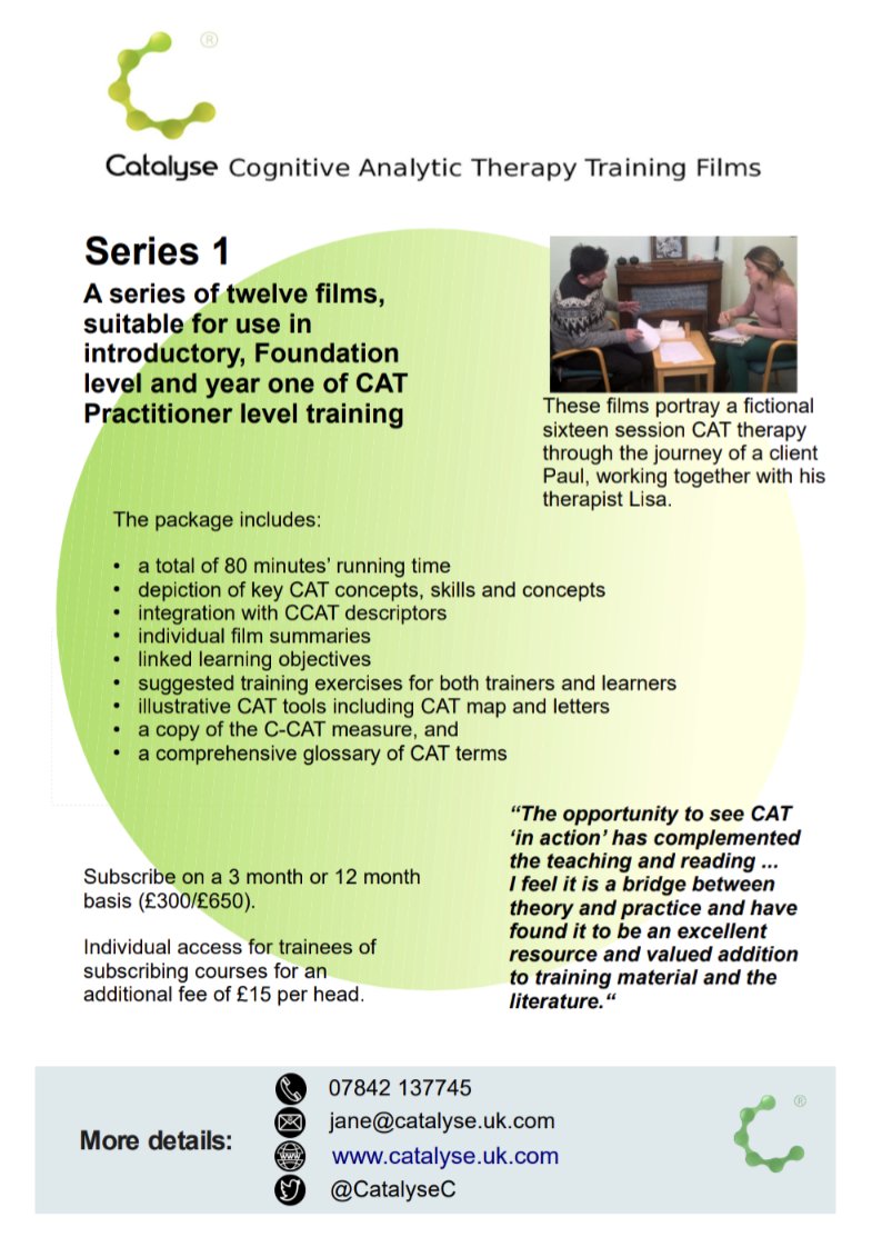 #CatalyseFilms series 1 - #PaulAndLisa across their CAT therapy process, demonstrating CAT concepts & skills - suitable for introductory, foundation level and Year 1 practitioner training catalyse.uk.com/training/cat-t… - may be of interest to #ICATA2023 goers #CognitiveAnalyticTherapy