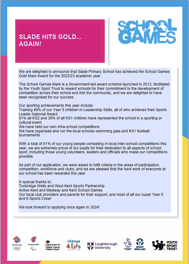 Slade Primary School (@sladeprimarysch) on Twitter photo 🥇We are incredibly proud to have been awarded the <a href="/YourSchoolGames/">School Games</a> Gold Mark Award for the second time.
Thankyou to everyone who has contributed to this award including Mrs Ball, the Year 5/6 Sports Crew, Alex and Lauren <a href="/TWKSSP/">T&WKSSP</a>, <a href="/Active_Kent/">Active Kent & Medway</a> and all of the children at Slade! 🥇We are incredibly proud to have been awarded the <a href="/YourSchoolGames/">School Games</a> Gold Mark Award for the second time.
Thankyou to everyone who has contributed to this award including Mrs Ball, the Year 5/6 Sports Crew, Alex and Lauren <a href="/TWKSSP/">T&WKSSP</a>, <a href="/Active_Kent/">Active Kent & Medway</a> and all of the children at Slade!