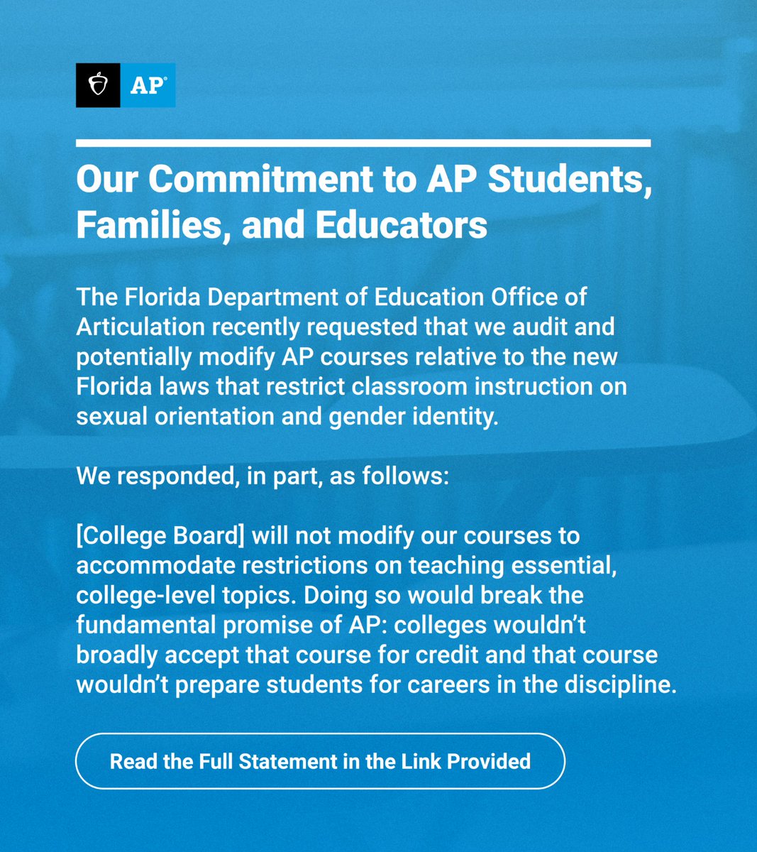 The Florida Department of Education Office of Articulation recently requested that we audit and potentially modify AP courses relative to the new Florida laws that restrict classroom instruction on sexual orientation and gender identity. Read our response: spr.ly/6011ONtQt
