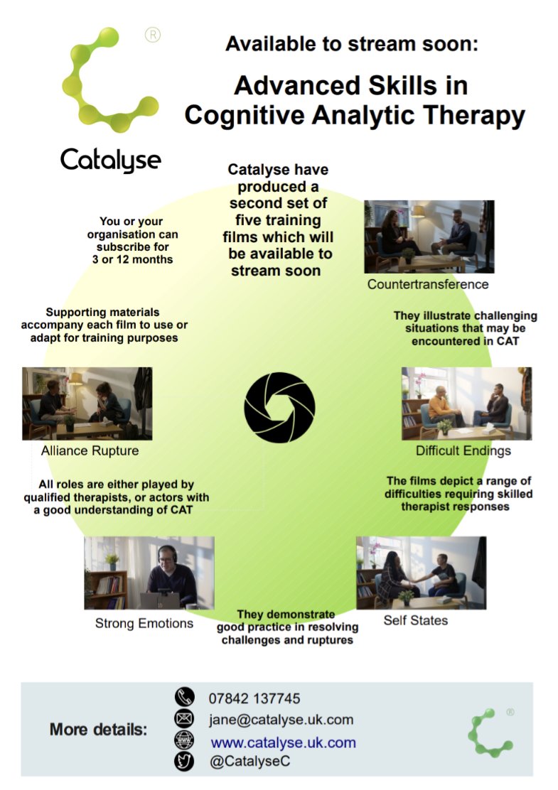 #CatalyseFilms series 2 - available soon - demonstrating 'Advanced Skills in Cognitive Analytic Therapy' over 5 films - Countertransference, Difficult Endings, Self States, Strong Emotions Online & Alliance Rupture catalyse.uk.com/training/cat-t… #CognitiveAnalyticTherapy #ICATA2023