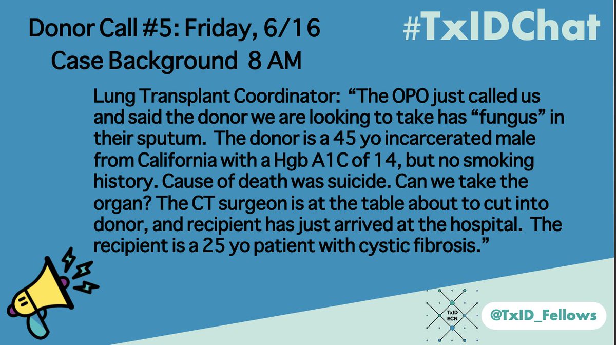 1/
Welcome back to Day 5 of the #TxIDChat Donor Call series by @TxID_Fellows

Friday, 6/16: Case #5 below

Questions on Tweet #2!
@GermHunterMD @JessicaLittleMD @tmhohl71 @IdVilchez @GRThompsonMD @DrLuisO @MSG_ERC @DrPappasID @FungalDoc @ShohamTxID @TMcCarty2010 @doctorfungus