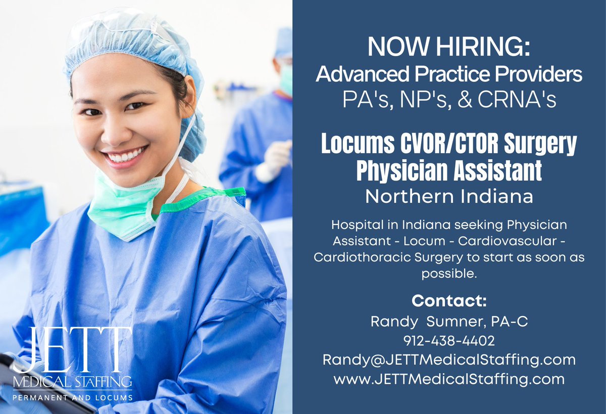 Hiring a Physician Assistant - Locum - Cardiovascular - Cardiothoracic Surgery for Northern Indiana!

Apply Here: 1l.ink/MNDW6Z4

#PAOwnedStaffingAgency #PhysicianAssistant #PhysicianAssistantRecruiters #PAJobs  #Indiana   #PhysicianAssistantJobs #JETTMedicalStaffing