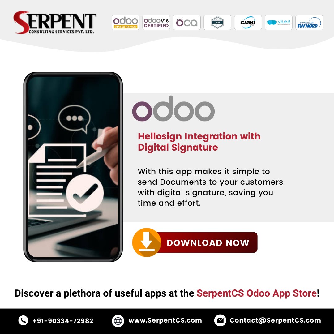Serpent_CS's tweet photo. ✍️HelloSign #OdooApp: Your Digital Signature Solution!
Experience convenience of remote #esigning app, allows you to close your deals & finalize agreements from anywhere in the world.
🛒Buy Now: https://t.co/YsefZzX5IX
✉️contact@serpentcs.com
#DigitalSignature #ERPSolutions https://t.co/j5oa0RUQb1