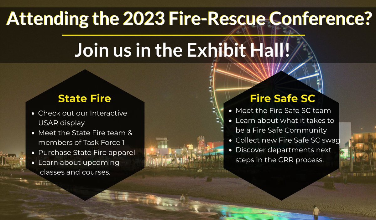 SCStateFire's tweet image. Traveling to Myrtle Beach for the 2023 SC Fire-Rescue Conference? 

Stop by and visit the State Fire and Fire Safe South Carolina booths! 

MORE: scsfaevents.org/fire-rescue/

#FireSafeSC #SCStateFire