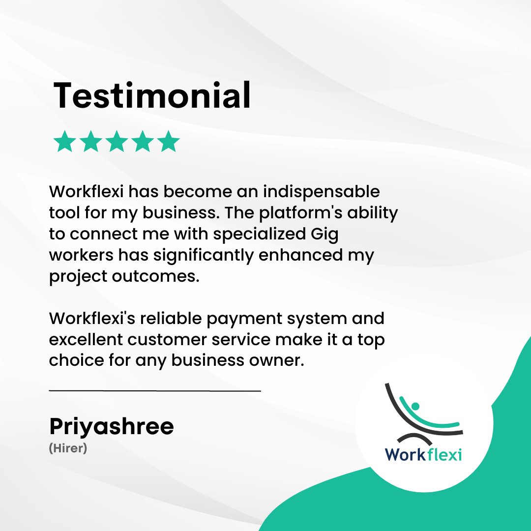 Need talent for your short-term projects? Look no further! 

Workflexi connects you with the best Gig workers in the industry!

#testimony #clienttestimony #hirer #gigwork #freelance #testimonial #hiring #shorttermjob #getthejobdone
