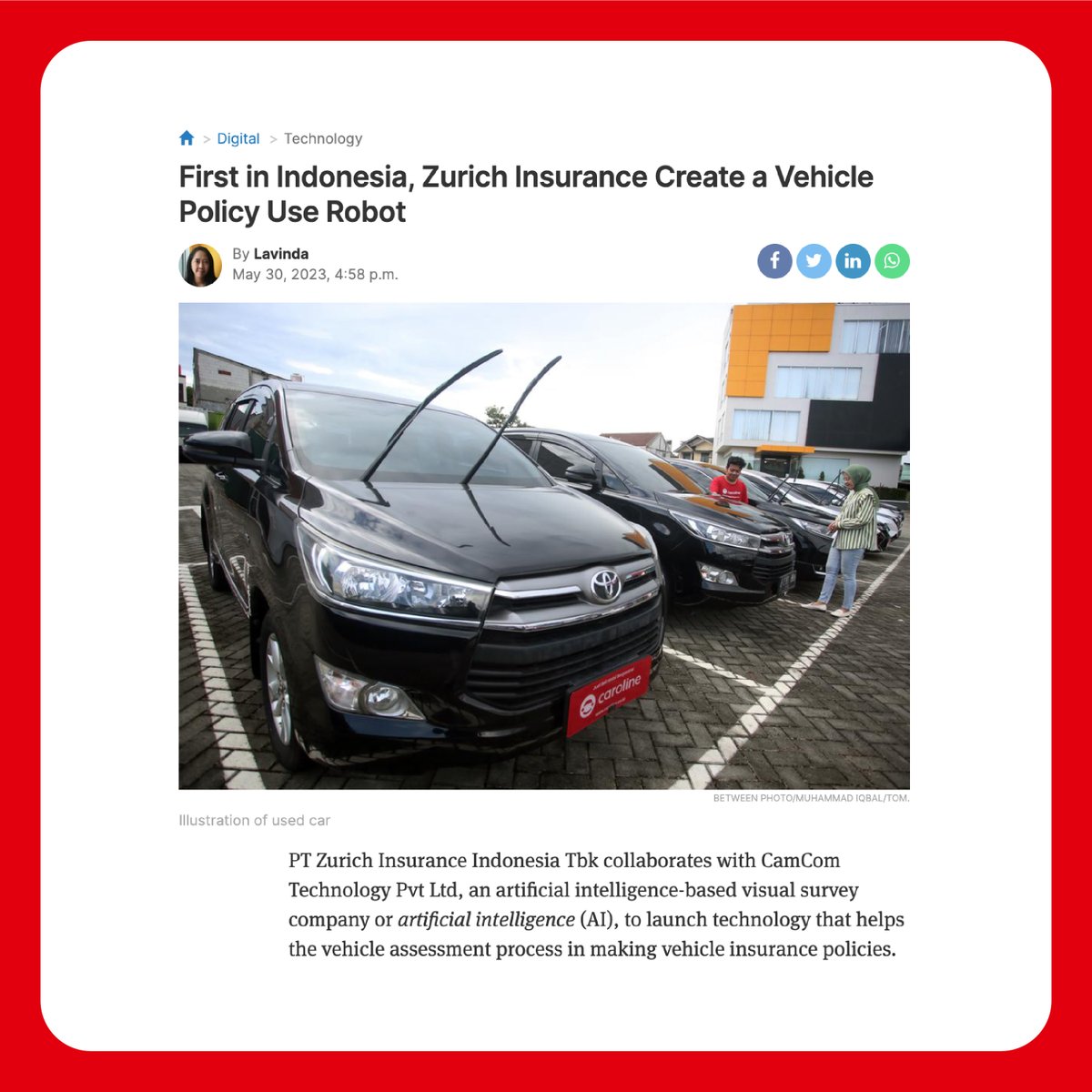 CamCom_ai's tweet image. #CamCom partners with PT Zurich Asuransi, an Indonesian insurance giant, to revolutionize vehicle assessment using their AI Vision Platform. This adoption of AI technology will make the assessment process error-free, faster and more accurate.
#Insurance #InsureTech #Indonesia