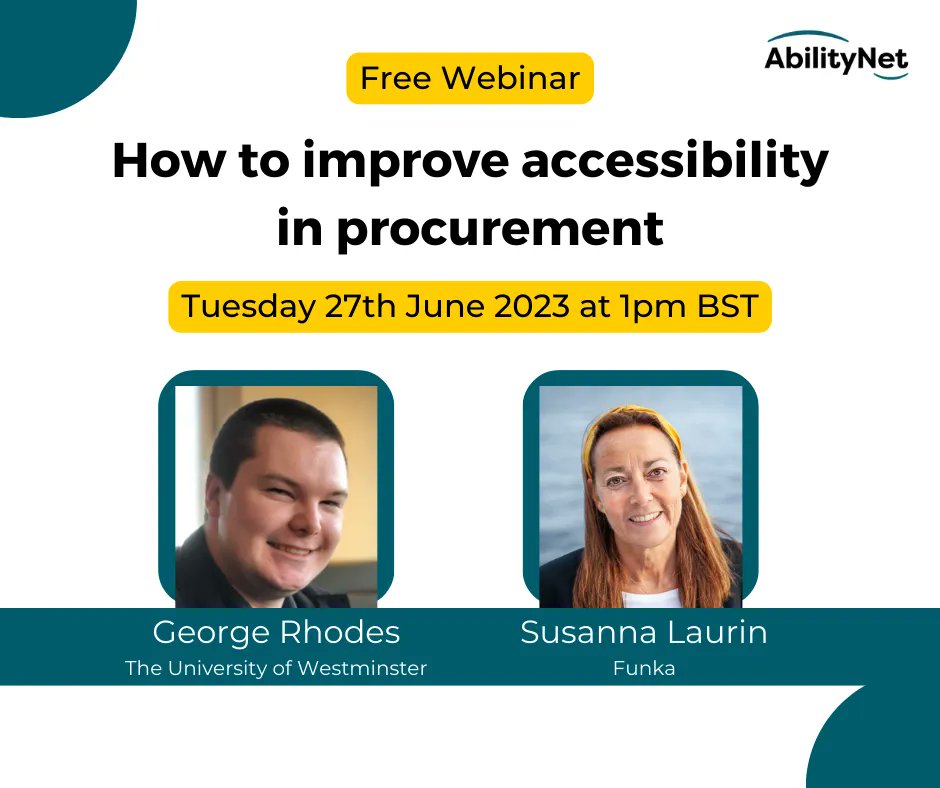 Free AbilityNet Webinar: How to improve a11y in procurement Panellists discuss how they connect with their procurement teams & how procurement impacts everyone including customers, employees, & the public sector. June 27 at 1:00 PM BST Register: bit.ly/43WgjlI