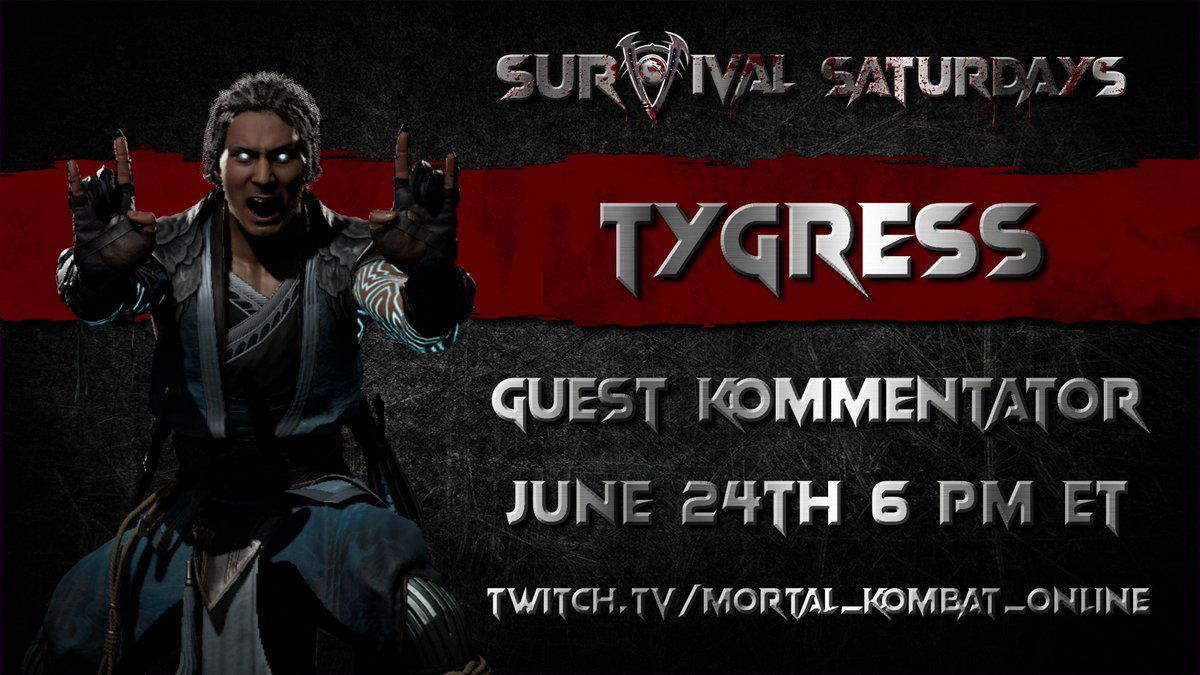 ⚠️SHE'S WINDKICKING TO THE ANNOUNCER TABLE⚠️

Join @TygressD for the #UltimateSurvivorEvent 16 #2 June 24th 6PM ET! 

Banned moves allowed, NA & wired only, $75 Top 2 pot for #MortalKombat11!

Want in? Sign ups below!
🔗forms.gle/jA9y9fFZNV5zUh…
🎙️discord.gg/5RxuwKZMGq