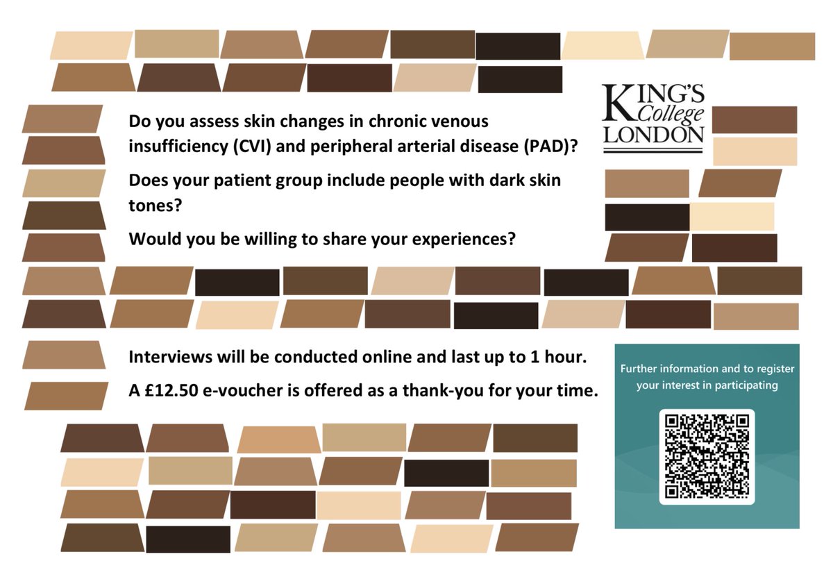 What a great week to launch out next @KingsNursing project on #Skinassessment #AcrossSkinTones. We are looking to interview nurses in patient facing roles in the U.K on assessing #skinchanges for CVI & PAD in dark #skintones. #legsmatterweek 
Link: forms.office.com/e/W3ucgUXyQ2