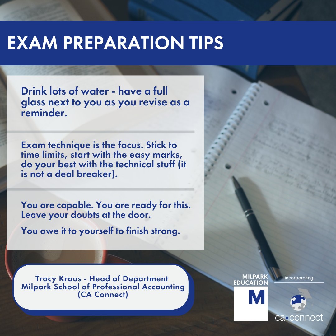 CA_Connect's tweet photo. Good luck to all our students busy preparing for their ITC exams.
#CAConnect #SAICA #saicasuccess #cainthemaking #futureca https://t.co/rzFmrfy2Dw