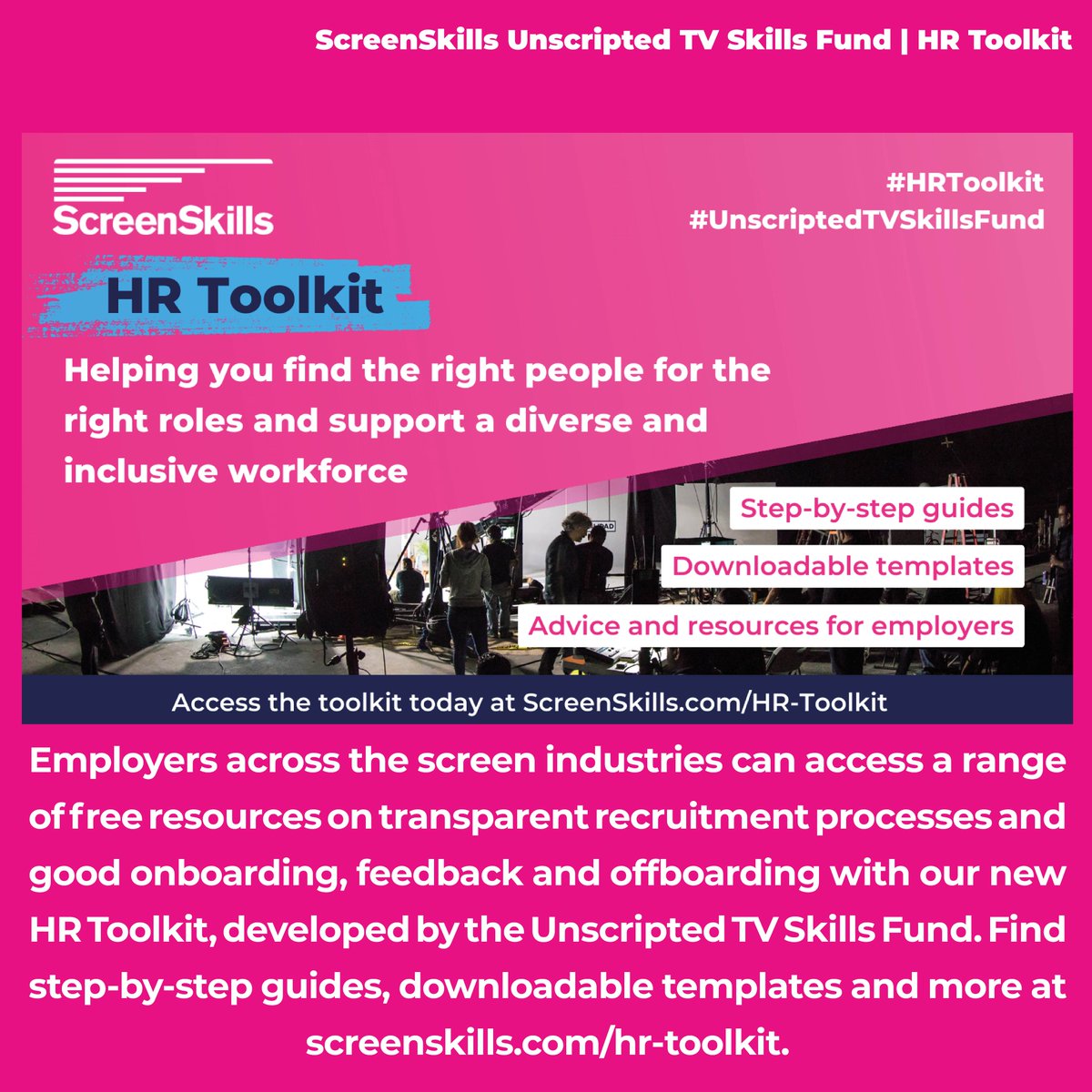 UKScreenSkills's tweet photo. This week we launched a new #HRToolkit - developed by the #UnscriptedTVSkillsFund, it offers employers across the screen industries a range of free resources on transparent recruitment processes and good onboarding, feedback and offboarding. Find out more: https://t.co/4sW1CnsKWh https://t.co/KsxmvWQtoD