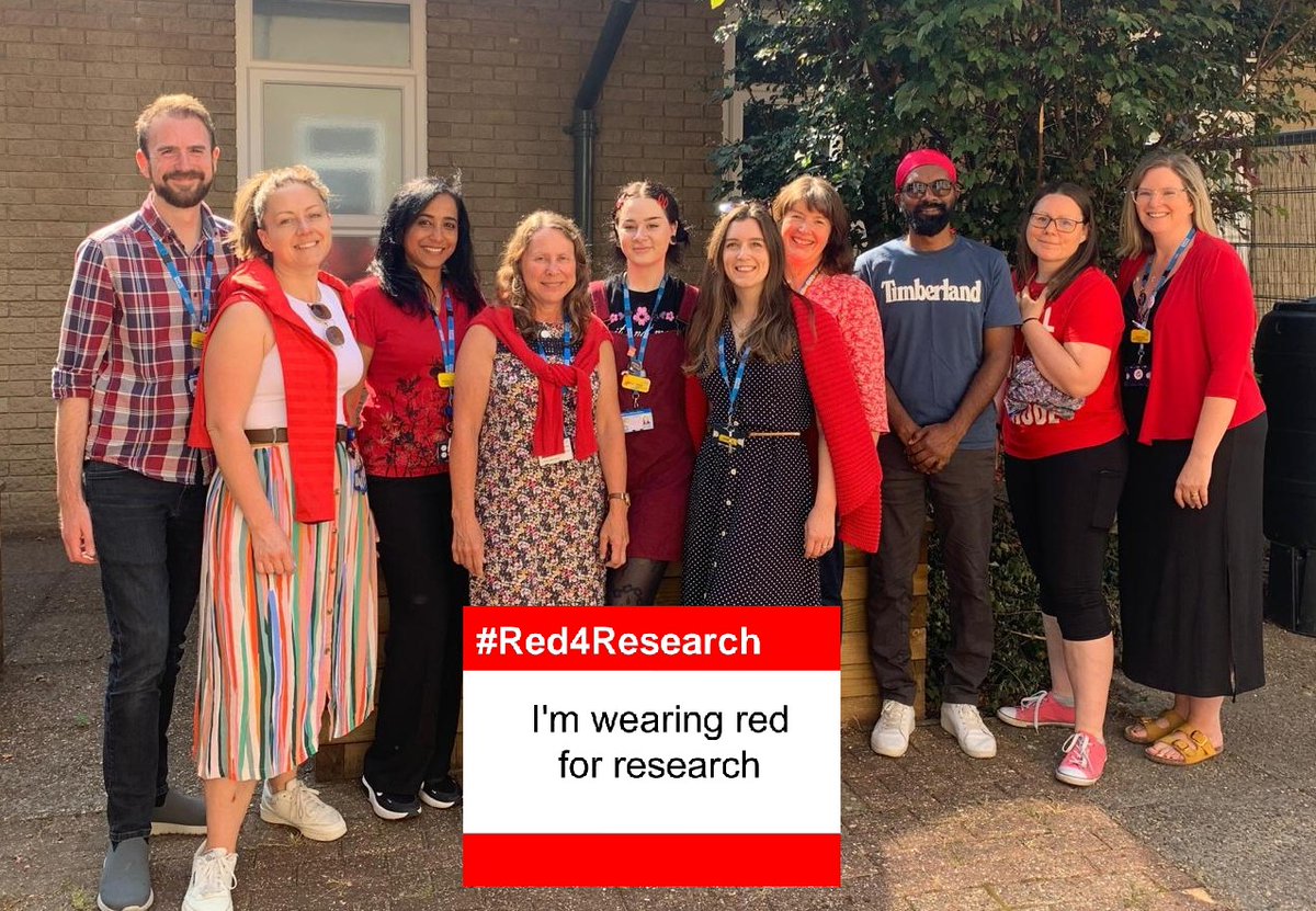 We're all wearing #Red4Research today to show our appreciation for all those who participate in research ♥️ It's also lovely to finally get a picture of us all together in the sunshine 😎@ResearchNBT @NorthBristolNHS #NBTproud
