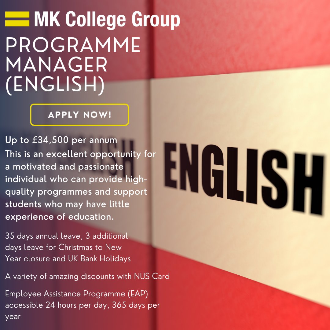MKCollegeJobs's tweet photo. Milton Keynes College Group is seeking a passionate English Programme Manager to join the dedicated education team based at HMP Elmley.
https://t.co/viiK7ujkoY
#prisoneducation
#programmemanager
#NotJustACollegeInMiltonKeynes
#edujobs
#FastForwardFriday https://t.co/YV9pzAzClS