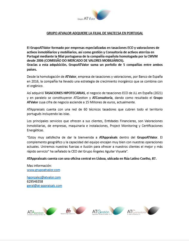 GrupoATValor's tweet photo. Dentro de la política de crecimiento y expansión de @at_grupo, anunciamos que hemos adquirido la filial de #Valtecsa en Portugal, dando lugar a ATAppraisals y completando nuestro portfolio con una 5ª empresa.
https://t.co/P7IdMpaasd
📧geral@at-appraisals.com
☎️351.911.060.642. https://t.co/TUkHDgT3jK