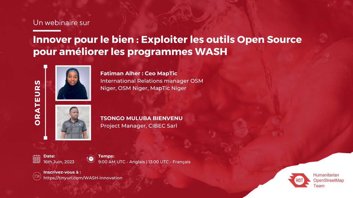 Happening TODAY, 16 JUNE at 09:00 UTC (English) and 13:00 UTC (French)! Learn how open mapping and #openstreetmap data are transforming Water, Sanitation and Hygiene (WASH) initiatives! Don’t miss out! Register now 👇🏼 tinyurl.com/WASH-Innovation