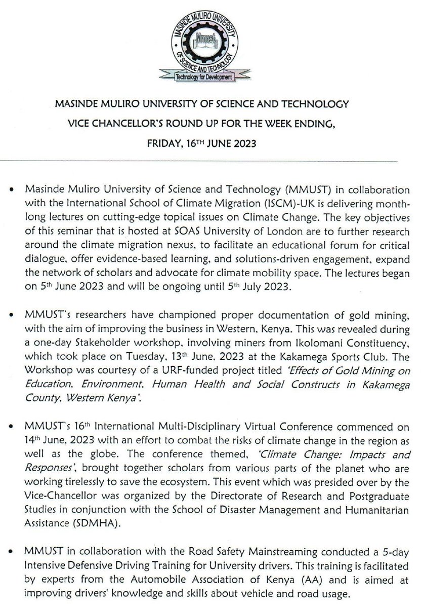 VICE CHANCELLOR'S WEEKLY ROUND-UP FOR THE WEEK ENDING 16TH JUNE 2023
#IchooseMMUST
#UniversityofChoice
#BlessedFriday