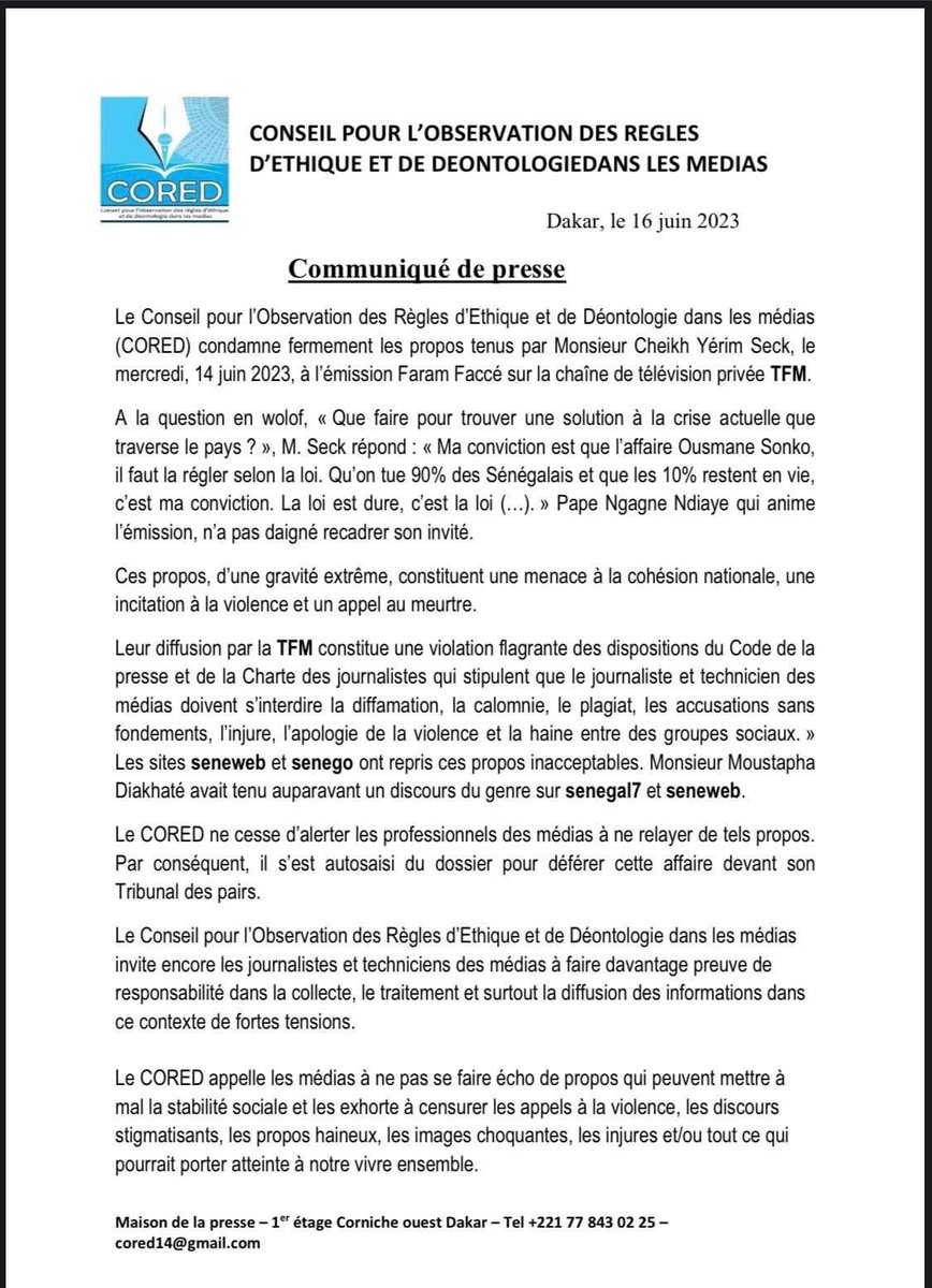 JouldheJ's tweet image. Appel au génocide de Cheikh Iri Seck à la #TFM, la réaction du #CORED @anatolium @bayemomardieng @aliounetine16 @SeydiGassama