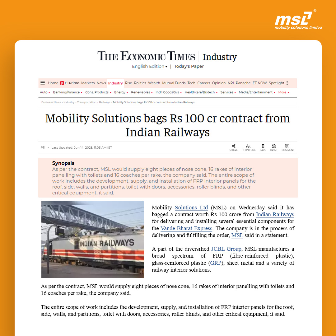 JCBLGroup's tweet photo. Congratulations to Mobility Solutions Limited (MSL),a JCBL Group company, on securing the prestigious contract. This achievement is a testament to our collective success
Check out news on various publications: https://t.co/DlZJ7Wb735
#MSLIndia #MobilitySolutionsLimited #JCBLGroup https://t.co/jikUPaTu7A