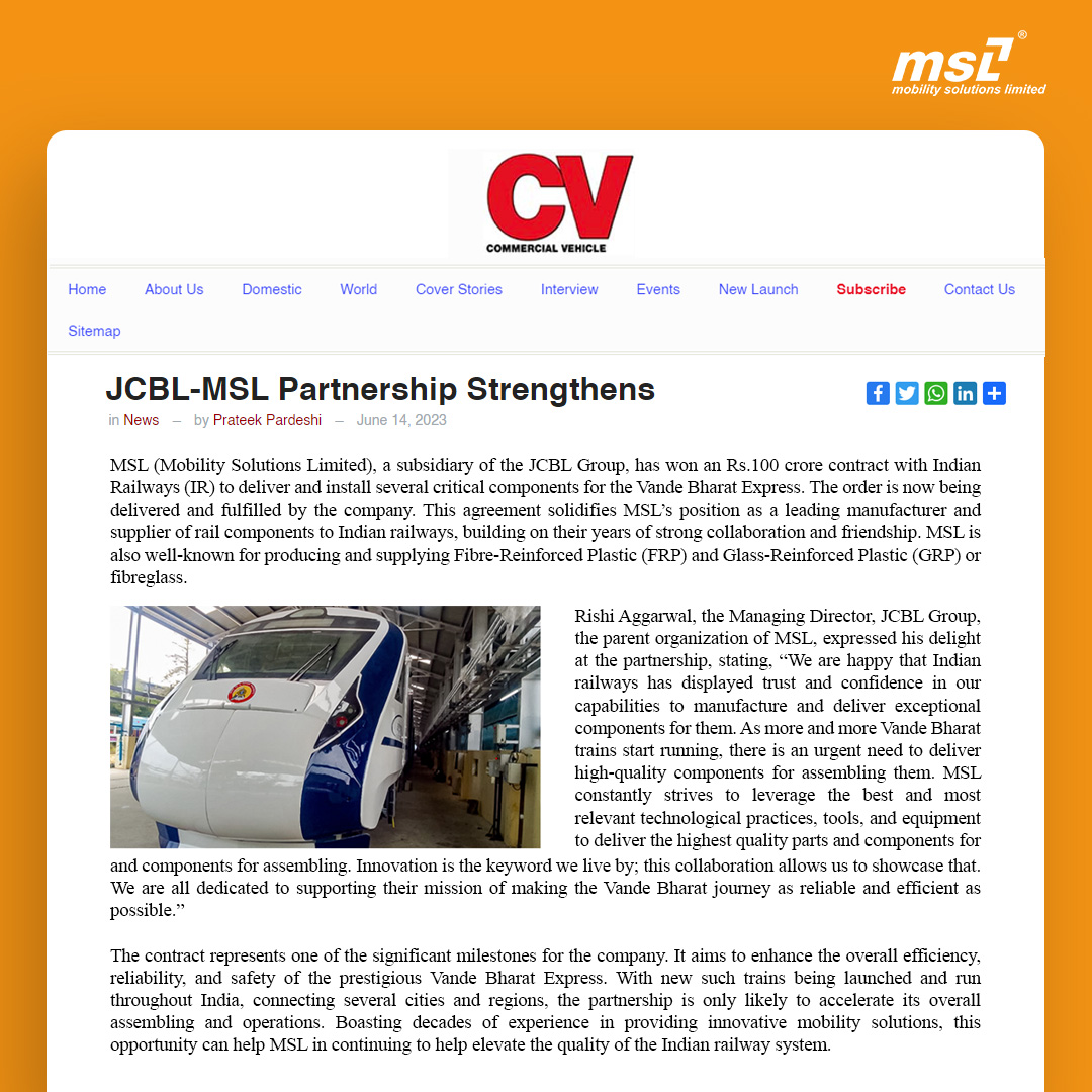 JCBLGroup's tweet photo. Congratulations to Mobility Solutions Limited (MSL),a JCBL Group company, on securing the prestigious contract. This achievement is a testament to our collective success
Check out news on various publications: https://t.co/DlZJ7Wb735
#MSLIndia #MobilitySolutionsLimited #JCBLGroup https://t.co/jikUPaTu7A