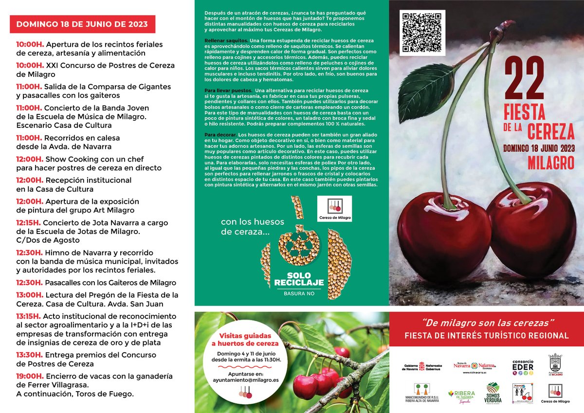 🍒¡El próximo domingo 18 de Junio no te puedes perder la XXII Fiesta de la Cereza de Milagro!
🤗Disfruta de un programa de actividades para todos los gustos y para todas las edades.

¡Te esperamos! 🍒😍🍒
#demilagrosonlascerezas #cerezademilagro #Somosverdura #RiberaInesperada