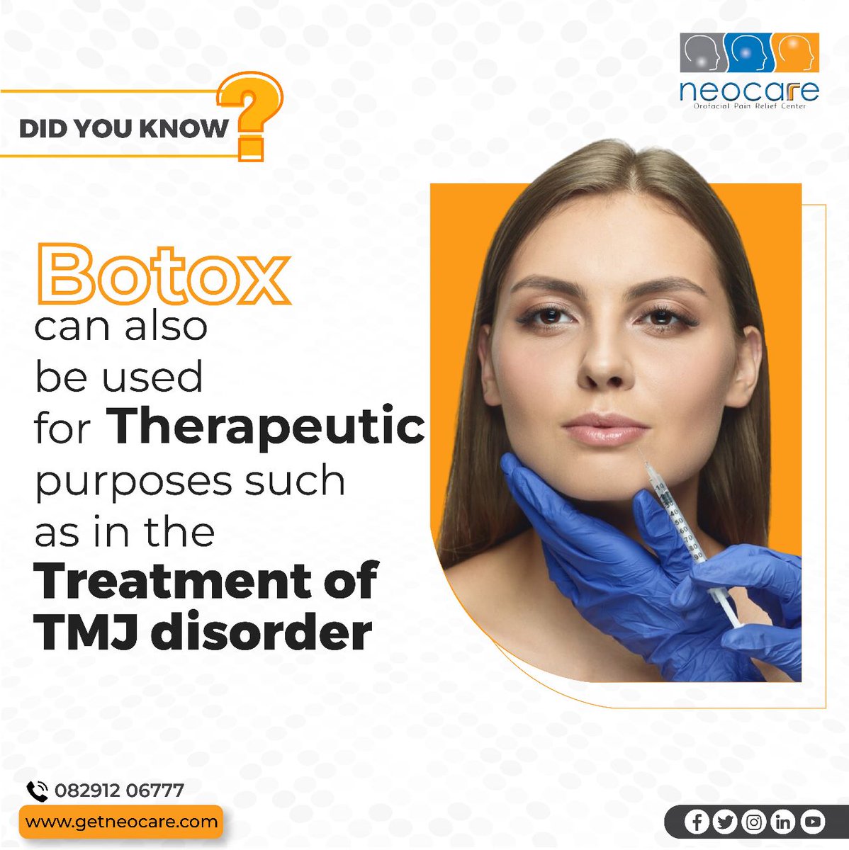 That’s right ! Botox can also be used for therapeutic purposes such as in the treatment of TMJ disorder. ​​​​​​​​​#neocare #jawpain #pain #relief #care #nervepain #musclepain #careforyou #botox ##medical #wellness #orafacialpain #facialpain #headache