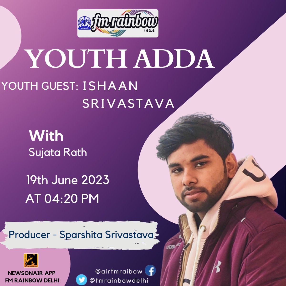 fmrainbowdelhi's tweet photo. Listen to the programme "YOUTH ADDA" on FM Rainbow. Youth guest from amongst you will become RJ for one hour every Monday from 4 to 5 pm only on
@fmrainbowdelhi
#youthadda
@AkashvaniAIR
Download Prasar Bharati's NewsOnAir App from https://t.co/cXwT5VCem9… to stay updated. https://t.co/VsLSp7DYsC