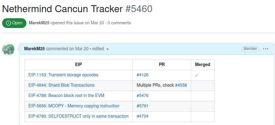 Nethermind Cancun tracking issue 👀 PRs for all EIPs, now we have to test, review and merge them to master 😉
github.com/NethermindEth/…

Kudos to @__flcl  @Demuirgos1 @Smartprogrammer 🙏