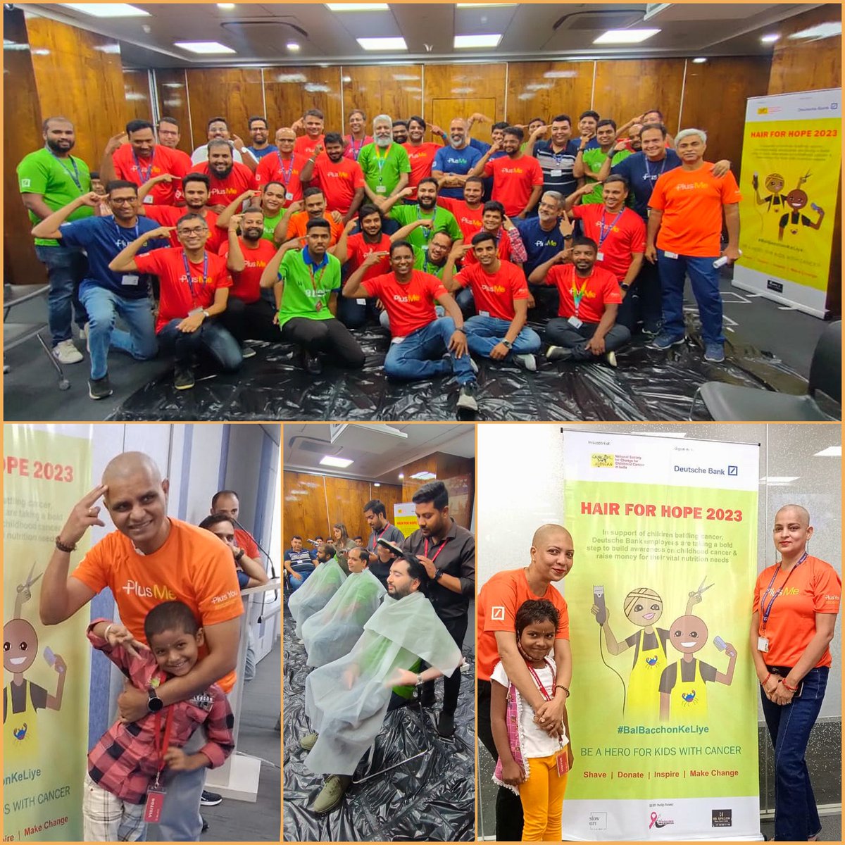 CanKidsOfficial's tweet photo. CanKids #BalBacchonKeLiye initiative partners with @DeutscheBank #HairForHope to spread hope, 1 haircut at a time in Jaipur, Pune, Mumbai, Bangalore shaved their heads to raise awareness & funds to help #childrenwithcancer #surviveandthrive. Support them @ https://t.co/rss5r5eHYg https://t.co/5NHXgQ7I3A