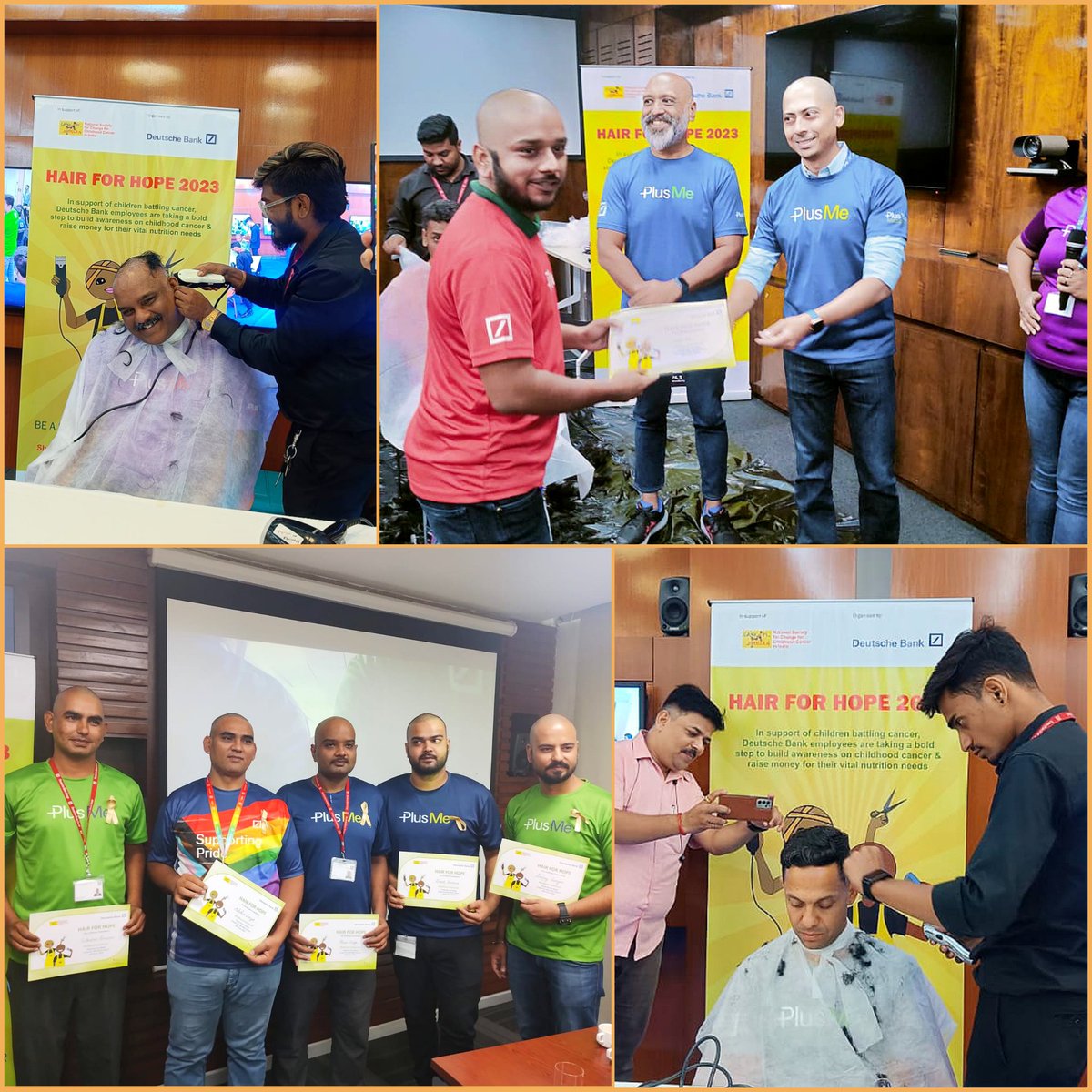 CanKidsOfficial's tweet photo. CanKids #BalBacchonKeLiye initiative partners with @DeutscheBank #HairForHope to spread hope, 1 haircut at a time in Jaipur, Pune, Mumbai, Bangalore shaved their heads to raise awareness & funds to help #childrenwithcancer #surviveandthrive. Support them @ https://t.co/rss5r5eHYg https://t.co/5NHXgQ7I3A
