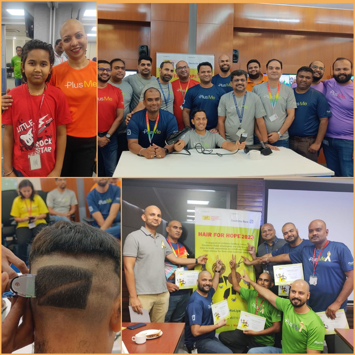 CanKidsOfficial's tweet photo. CanKids #BalBacchonKeLiye initiative partners with @DeutscheBank #HairForHope to spread hope, 1 haircut at a time in Jaipur, Pune, Mumbai, Bangalore shaved their heads to raise awareness & funds to help #childrenwithcancer #surviveandthrive. Support them @ https://t.co/rss5r5eHYg https://t.co/5NHXgQ7I3A