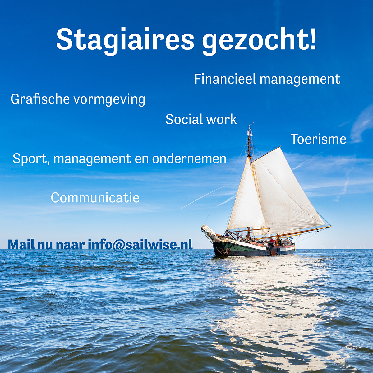 SailWise's tweet photo. Stagiaires gezocht!

Ben je op zoek naar een #stage voor het nieuwe schooljaar? Kom bij #SailWise! Er is zoveel leuks te doen en zoveel te leren. We hebben stagemogelijkheden voor #MBO- en #HBO-studenten.

Mail ons via info@sailwise.nlvoor een geweldige stage! https://t.co/mipuxWIeYk