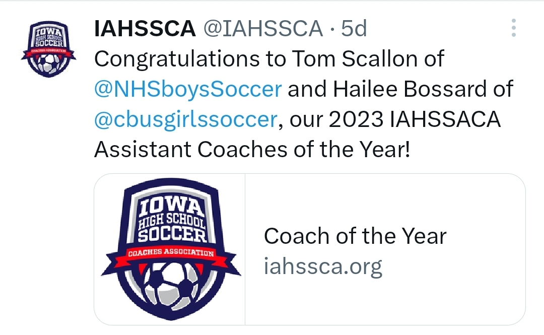 cbusgirlssoccer's tweet photo. The most dedicated, passionate, &amp; loyal coaches in the state is right here coaching at Columbus Catholic High School! Let's all take a moment &amp; congratulate our very own Hailee Bossard on winning Assistant Coach of the Year from the @IAHSSCA! We are so blessed! @CBUS_Activities https://t.co/ghVmLtWN0x