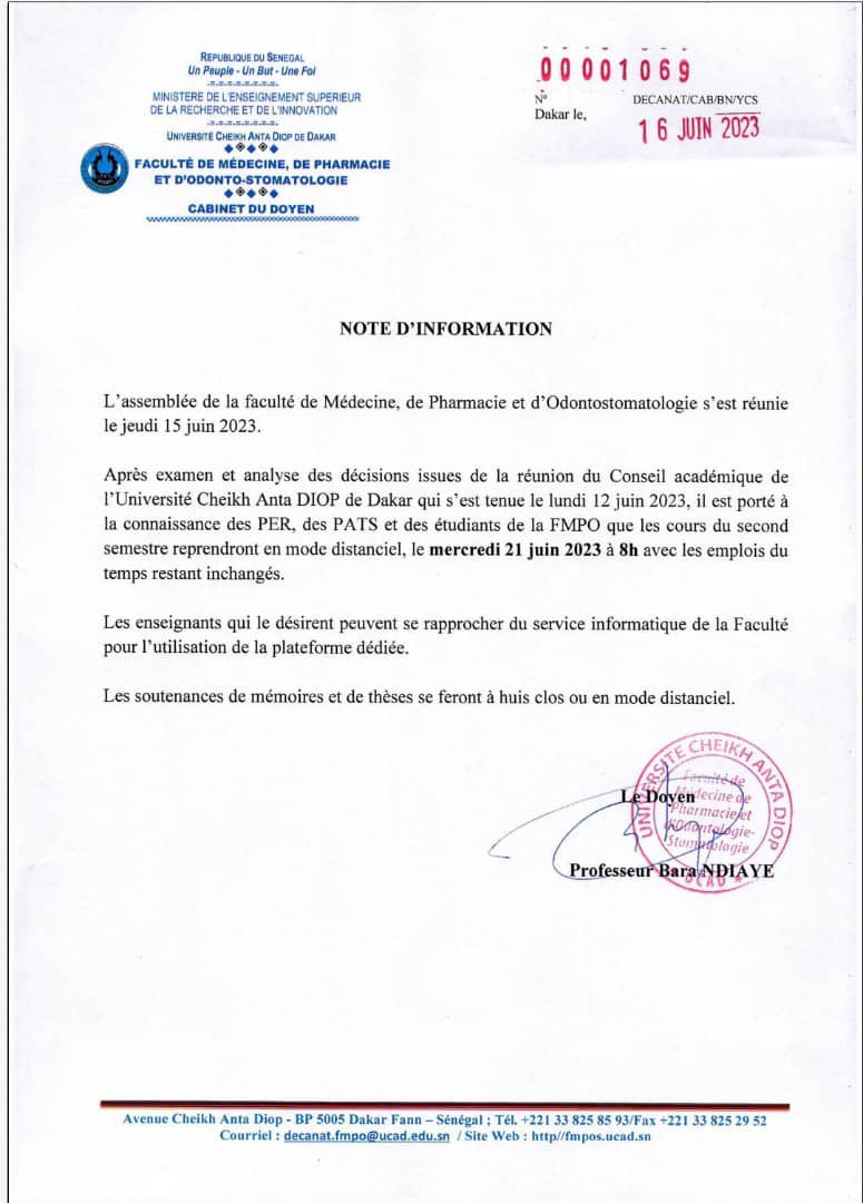 UCAD_Senegal's tweet photo. #Reprise des cours du 2nd semestre en mode distanciel #FMPO
mercredi 21 juin 2023, 8H
Les enseignants qui le désirent peuvent se rapprocher du service informatique pour l'utilisation de la plateforme dédiée
Les soutenances de mémoires et de thèses…
#ucad #kebetu #compublique https://t.co/HHKQ1y6of8