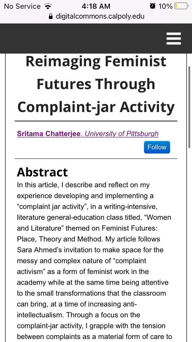 Just published this piece on thinking complaints as a form of feminist pedagogy for the university classroom drawing inspiration from Sara Ahmed’s work on Complaint ! for <a href="/FeministsTeach/">Feminist Pedagogy</a> 

Here’s the download link : 

digitalcommons.calpoly.edu/feministpedago…
