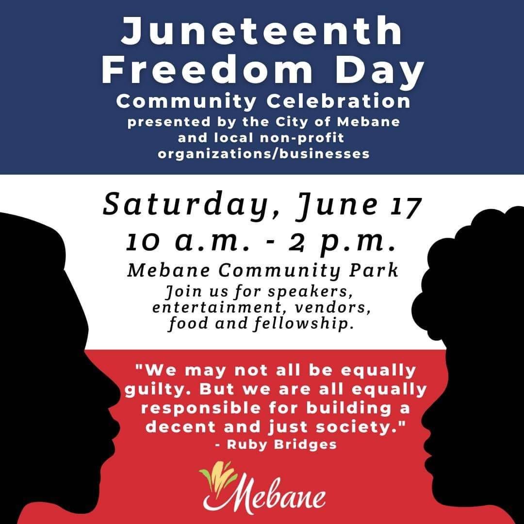 EwingForNC's tweet photo. From City of Mebane, NC- Government &amp; Town of Green Level, NC , what a weekend!

On Saturday, #mebanenc will have our #juneteenth celebration at the #community #park. On Sunday, join us in #greenlevel for continued celebration &amp; #fireworks!

#northcarolina
#ncpol
#visitalamance https://t.co/TQWB81TwAo