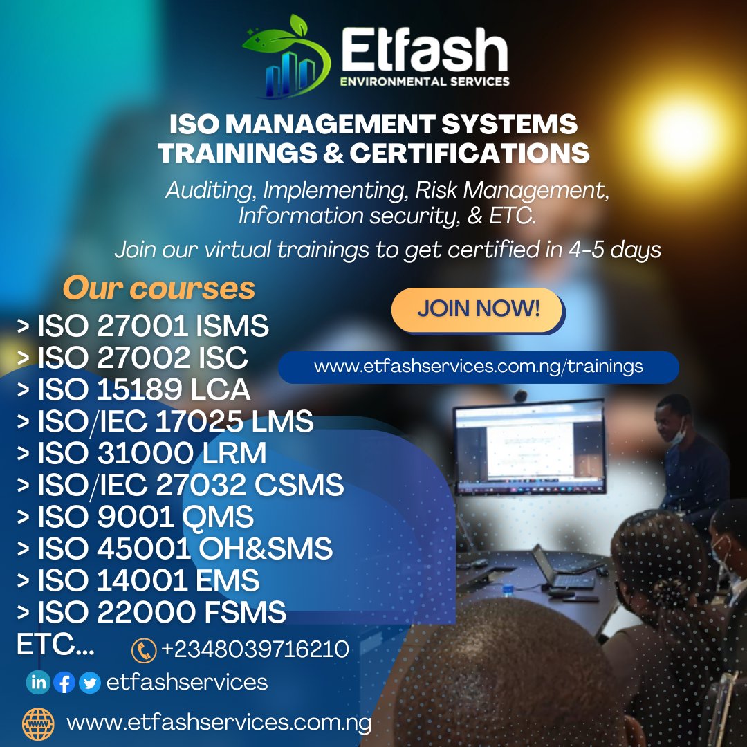 etfashservices's tweet photo. Website: https://t.co/h08k9KtAUq
https://t.co/mXDmdYj0xl
#isotraining #isocertification #leadauditortraining #leadimplementer #riskmanagement #informationsecuritymanagement #cybersecurity #etfashservices https://t.co/5ouEGIyAqN