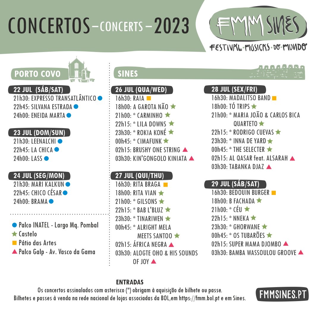Calendário atualizado dos concertos do FMM Sines 2023, com pequenos ajustes nos horários.