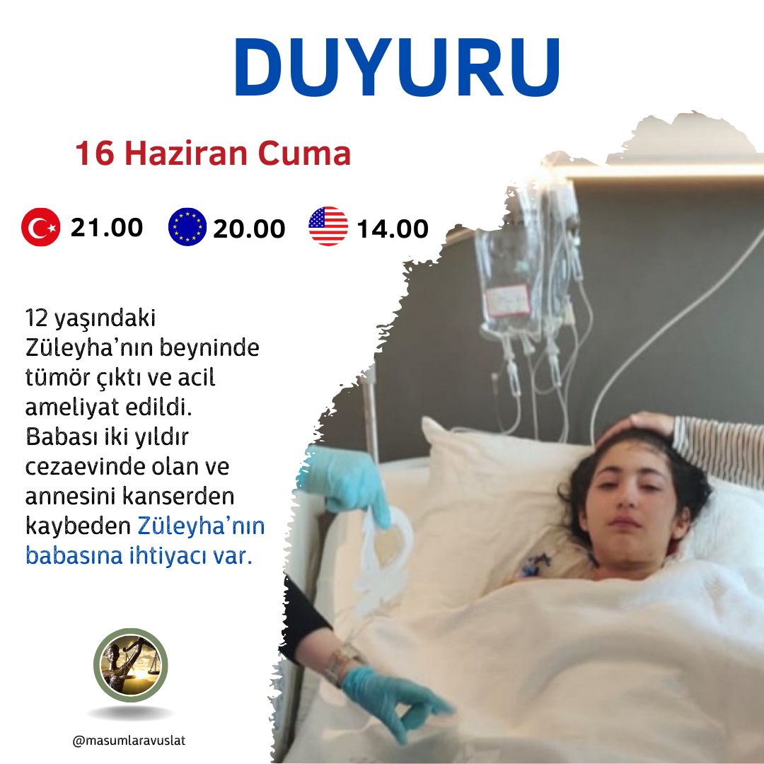 BABASI HAPİSTE, ANNESİ VEFAT ETMİŞ, KENDİSİ HASTANEDE...

Malesef 12 yaşındaki bu yavrucağın üzüntüden beyninde tümör oluşmuş ve yeni ameliyat olmuş bakım ve babasına muhtaç.
Yusuf Kerim Yasası babalara da Uygulansa...

TAG'a DESTEK'lerinizi bekliyoruz!

#ZüleyhaBabasınaKavuşsun