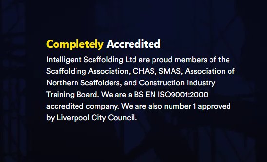 @THEVIVIENNEUK 'Completely Accredited'.

I'm sure these accreditation bodies, @scaffold_assoc, @chas2013ltd, @SMAS_Worksafe, @CITB_UK  would be interested to know about the violent staff employed by Intelligent Scaffolding Ltd. And I doubt they will stay ranked #1 with @lpoolcouncil.