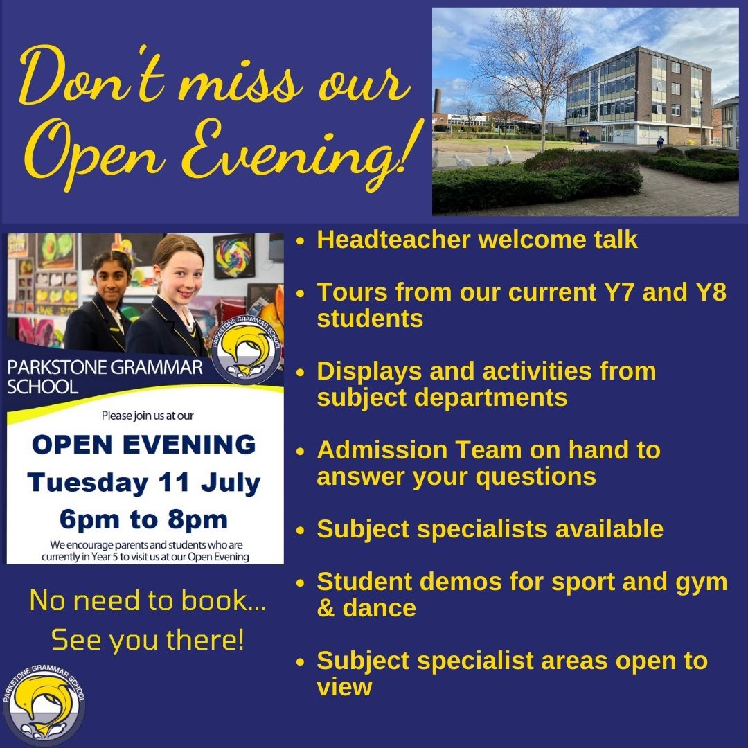 📌Don't miss our Open Evening! 
Tuesday 11 July 2023 6pm-8pm - no need to book, we look forward to seeing you!
#parkstonegrammarschool #bcp #openevening