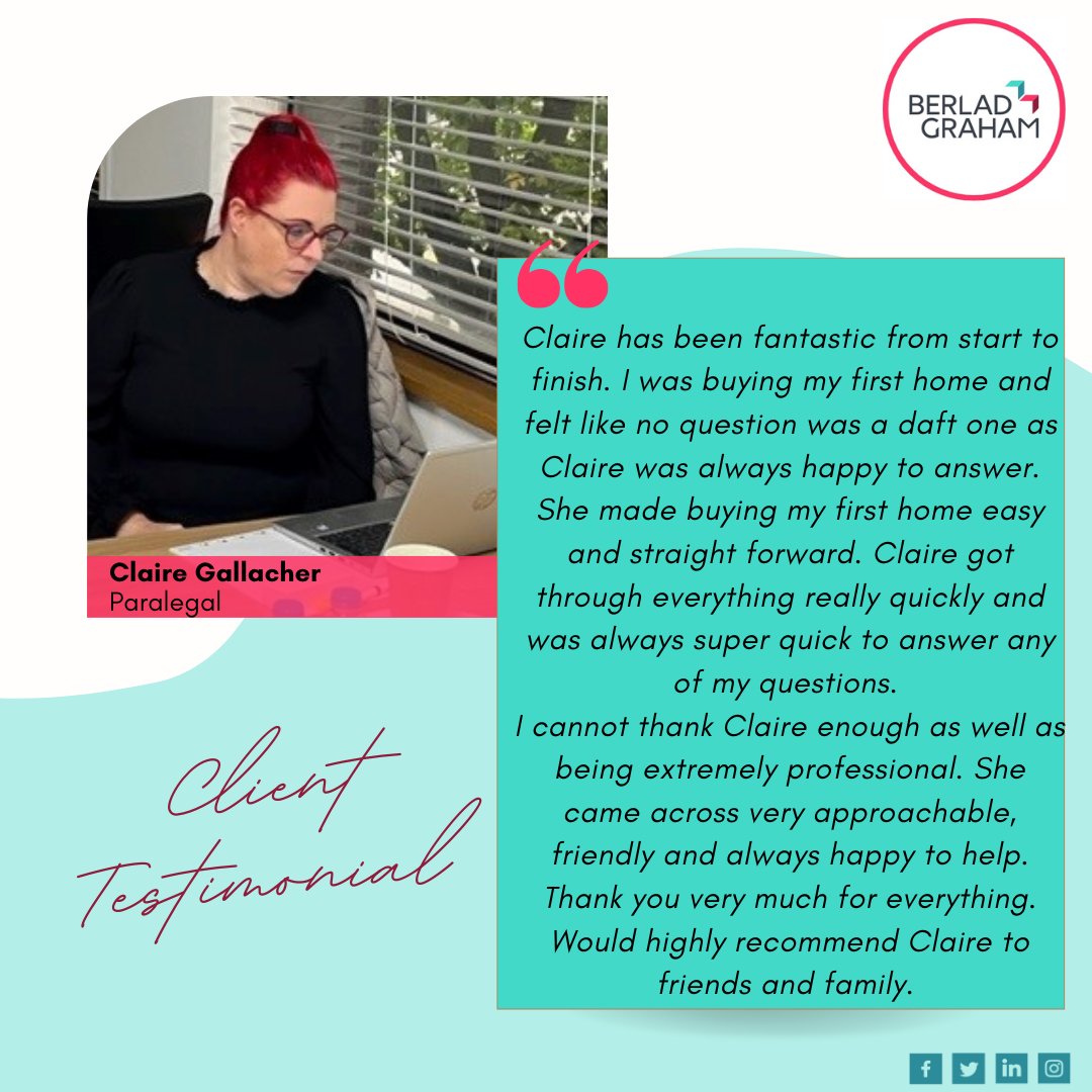 Very well done to our Paralegal, Claire Gallacher, for receiving this amazing testimonial from a client. 

#BerladGrahamSolicitors #conveyancing #conveyancingsolicitor #buyingahome #sellingyourhome #residentialproperty #residentialpropertysolicitor #lawfirm #cumbria #Uxbridge