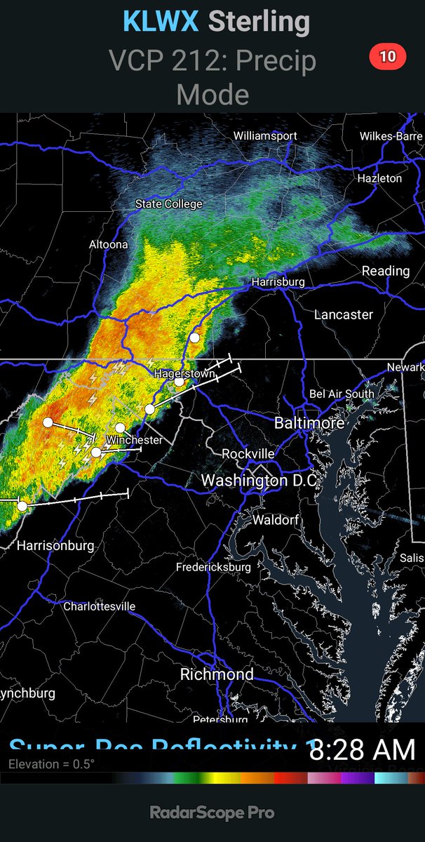 Boomers inbound. Storms in Western MD should arrive in the Baltimore Metro 9:30 AM - Noon. Gusts over 40 MPH possible. #MdWx
