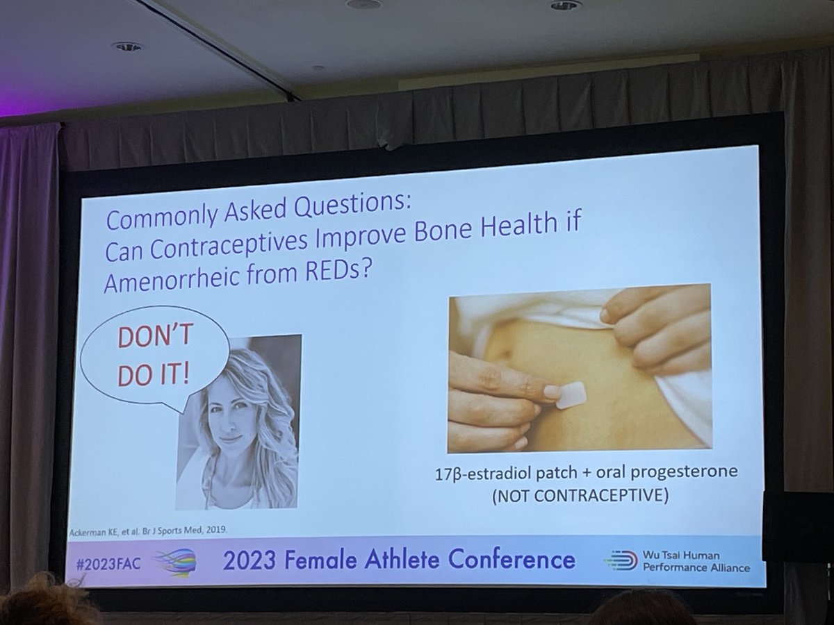 Don’t do it! 🛑 

OCPs should not be used to improve bone health in athletes with REDs 

But could consider using the patch

Company spokeswoman:  ⁦@DrKateAckerman⁩ during her Days of Our Lives chapter of her life 

⁦⁦@FemaleAthConf⁩ #2023FAC