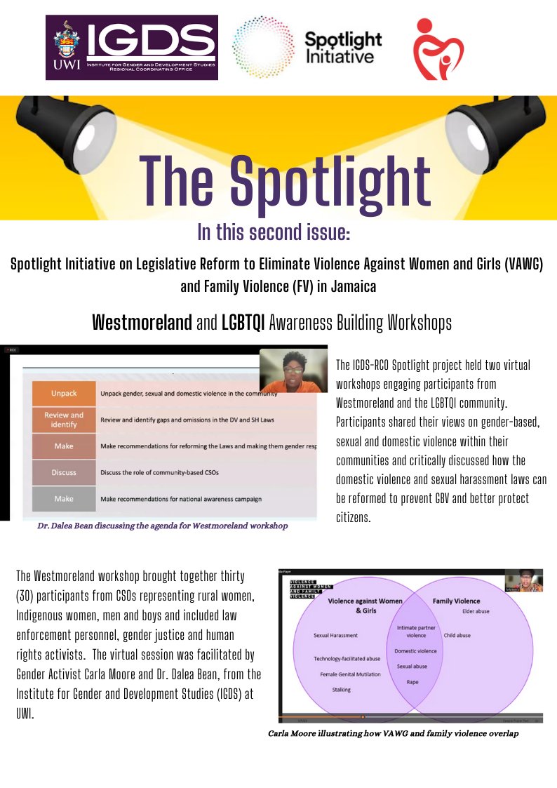 IGDS_RCU's tweet photo. GBV affects people in communities all across Jamaica. Under the UNDP Jamaica Spotlight Initiative, IGDS RCO and its partners are training advocates to recognise and end GBV. See the Spotlight Newsletter #2 for more details.
#spotlightinitiative #UNDPJamaica https://t.co/Jg73wwiNuA