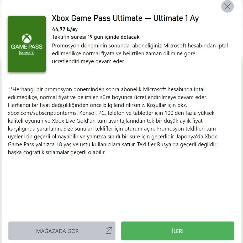 Xbox Game Pass fiyatlarında yolun sonu göründü. 👾😢

Xbox Game Pass abonelik alım sayfasında, mevcut teklif için son 19 gün ibaresi yer alıyor. 😨