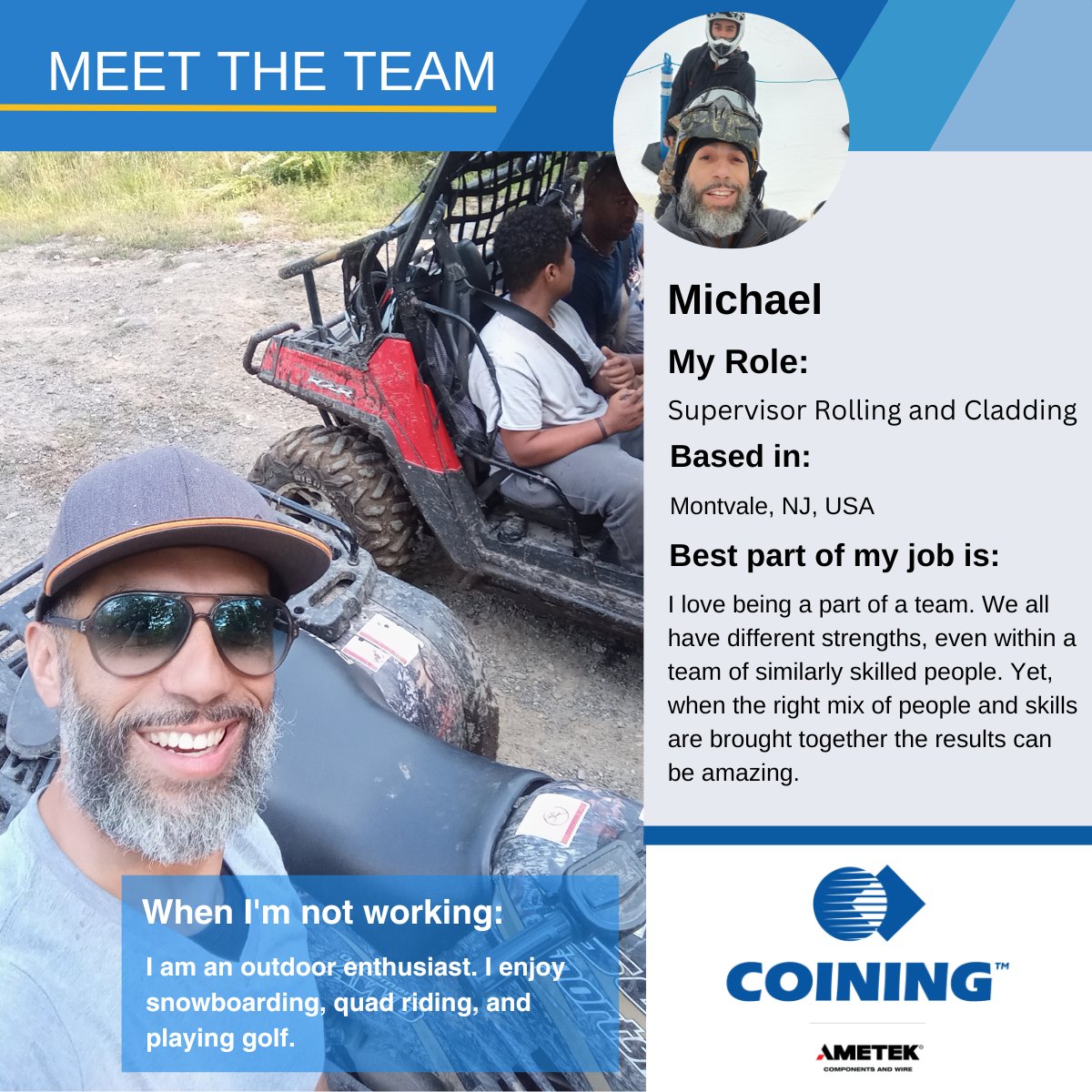 #MeetTheTeam 👋

Meet Michael, Supervisor Rolling and Cladding, who is an outdoor enthusiast!🏂🌳

💡Michael is passionate about being a part of a team that has diverse skills and talents because together it produces the best results. 

#PeopleFirst #GreatTeam #TeamWork