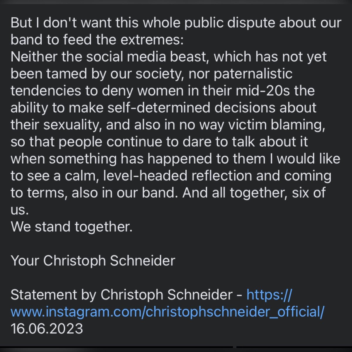 Statement by Christoph Schneider ( English Translation ) 16.06.2023 Instagram.com/christophschne… #rammstein